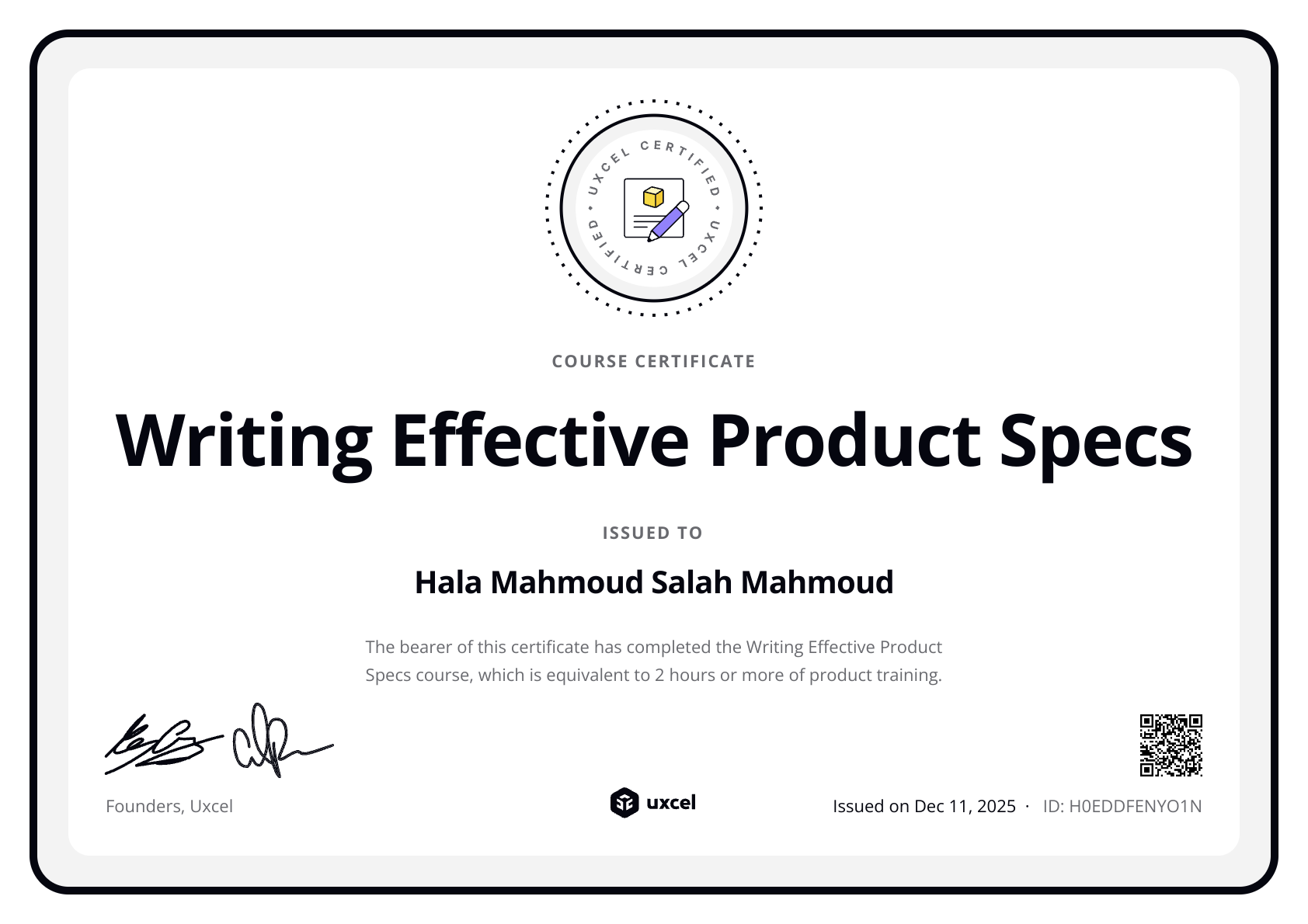 Hala Hemaya's certificate